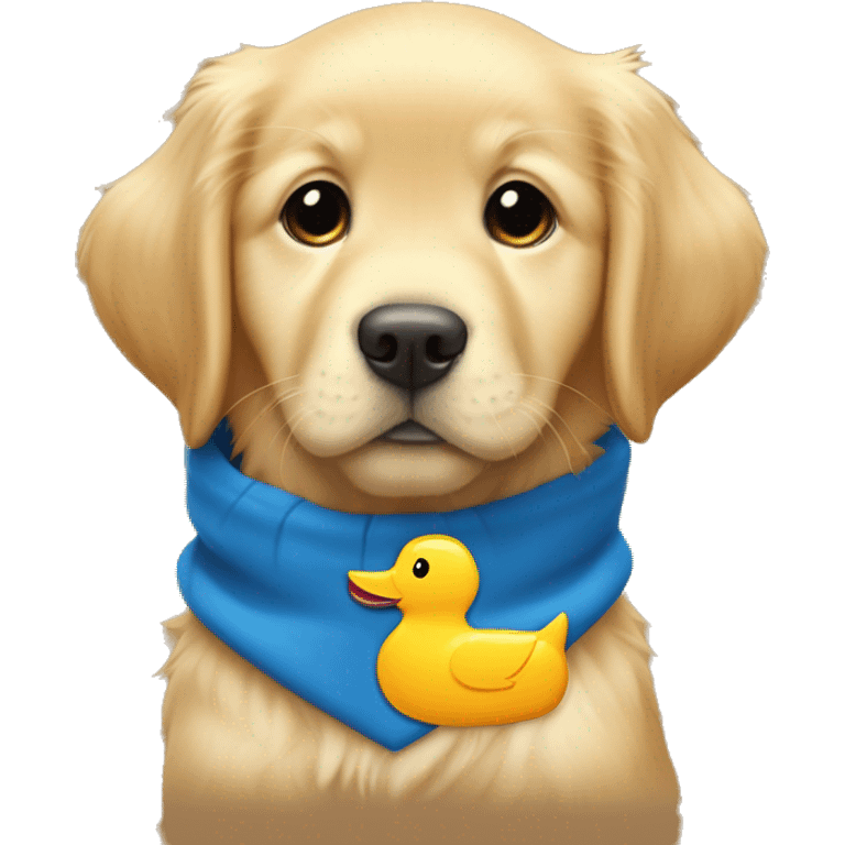 golden retriever puppy with a blue collar that has a id tag that says “vincent” and he’s wearing a duck hoodie emoji