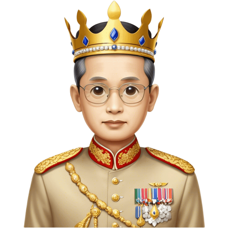 Cinematic Realistic King Bhumibol Adulyadej Portrait Emoji, depicted as a revered Thai monarch with a dignified expression and traditional royal attire, rendered with lifelike textures and soft regal lighting that captures his lasting legacy. emoji