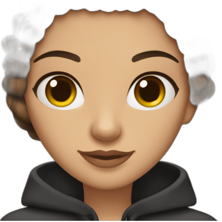 mujer con cabello castaño por los hombros con flequillo lacio, con anteojos cat eye negros, pelo castaño, ojos marrones Tiene una computadora. emoji