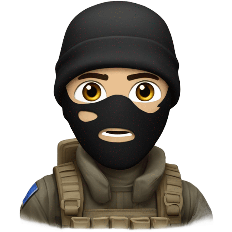 White male, call of duty black mask, camo tactical gear, tan combat boots, black beanie, blue eyes emoji