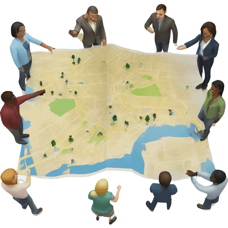 a map on a table and 6 diverse people pointing at it emoji