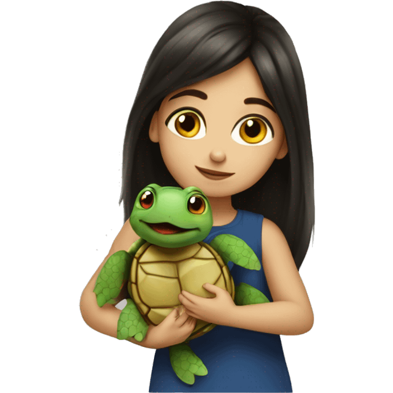 European girl with dark hair kiss little turtle emoji