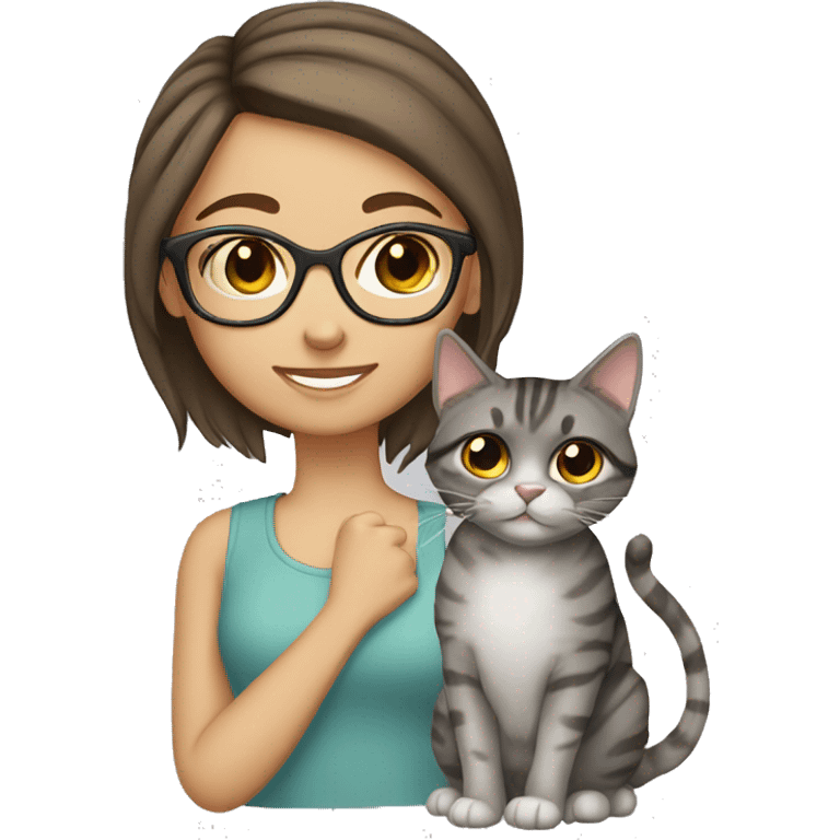 girl brown hair glasses with grey tabby cat emoji