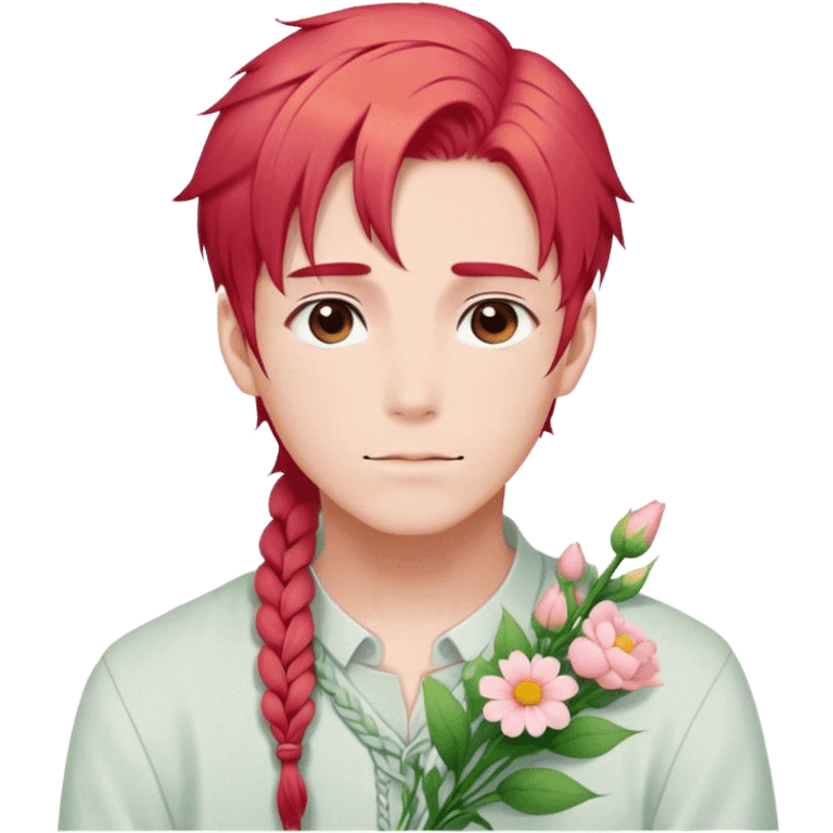 Gorgeous pastel red hair with a thin braid on the side anime style handsome sexy gojo guy with blushing face and flowers aesthetic trending style outside emoji