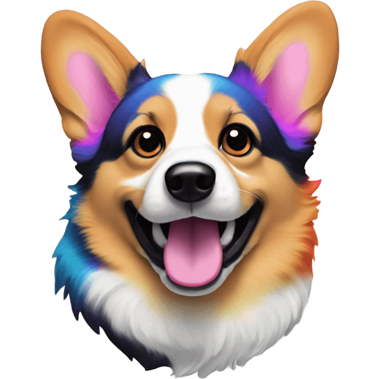 Tri-colored corgi with black near temples in the style of Lisa Frank emoji