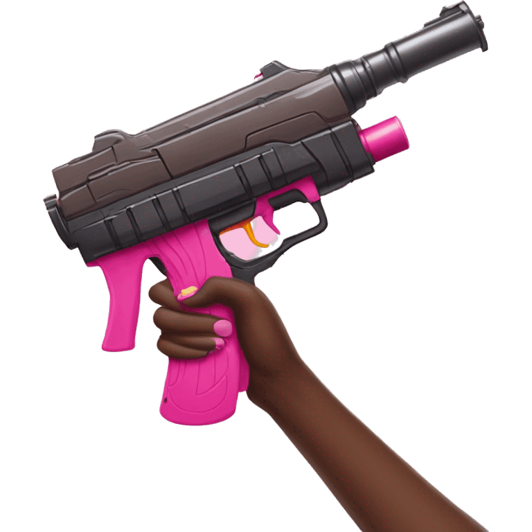 brown hand with pink nails holding large scary dark nerf gun emoji