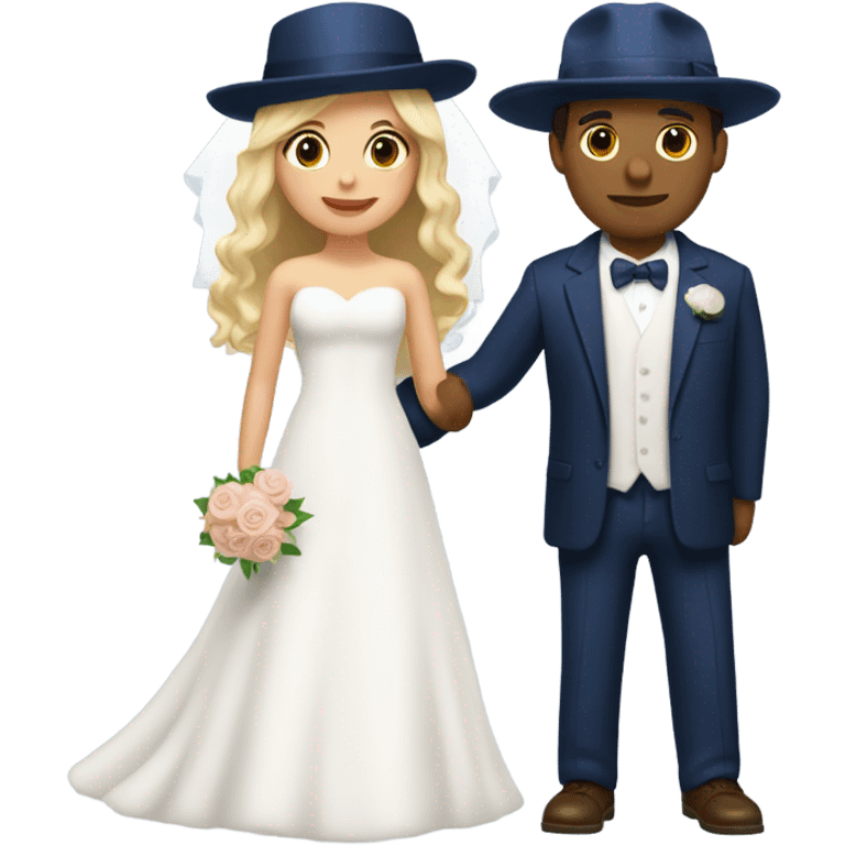 Puerto rican beard short hair with blue hat and navy blue suit getting Married with blond long hair girl with white  wedding dress  emoji