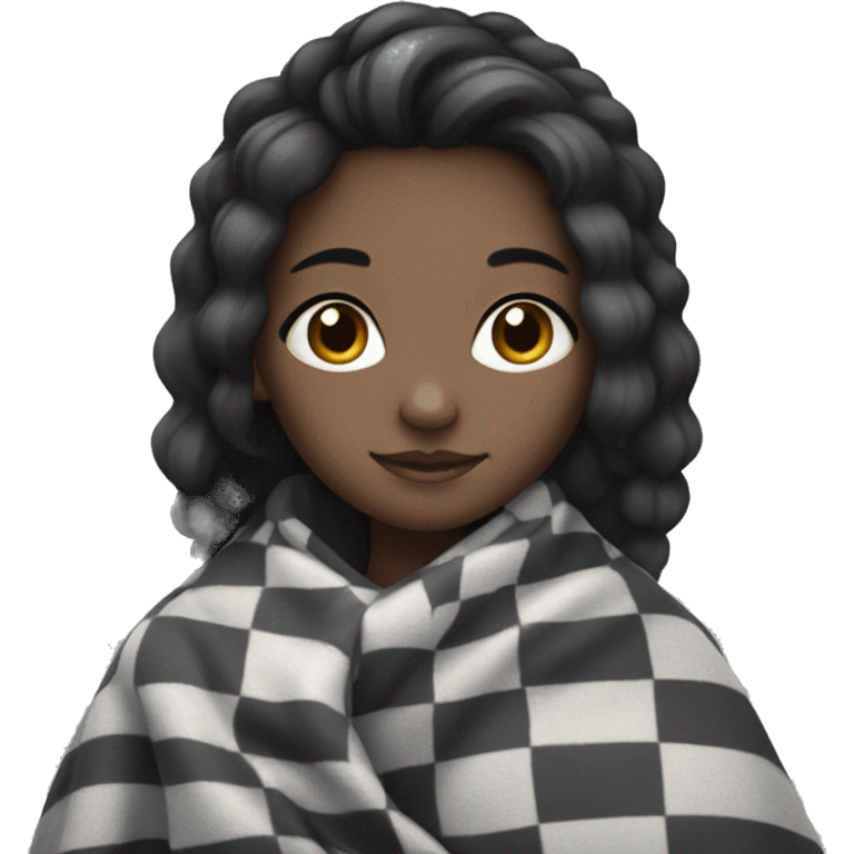 a black hair girl in a black and grey checkered blanket emoji