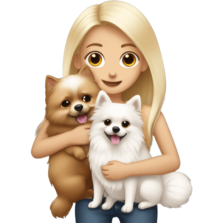 Blond girl hugging white Pomeranian and brown Pomeranian  emoji