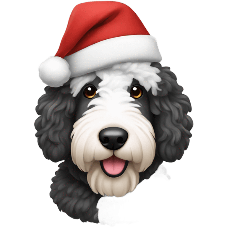 Sheepadoodle wearing a Santa hat emoji