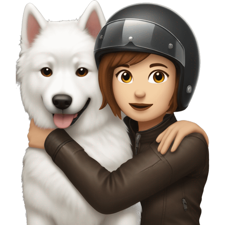 Girl biker white skin and brown short hair with a agv helmet hugging a Samoyed emoji