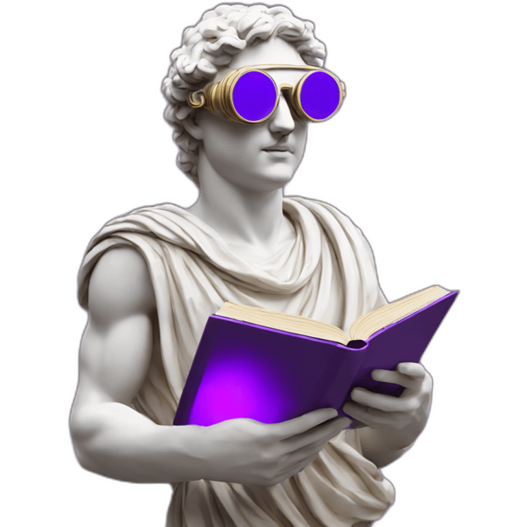 an EMOJI OF A ancient young greek statue reading a book, wearing VR glasses, purple colors, DIGITAL UNIVERSE emoji