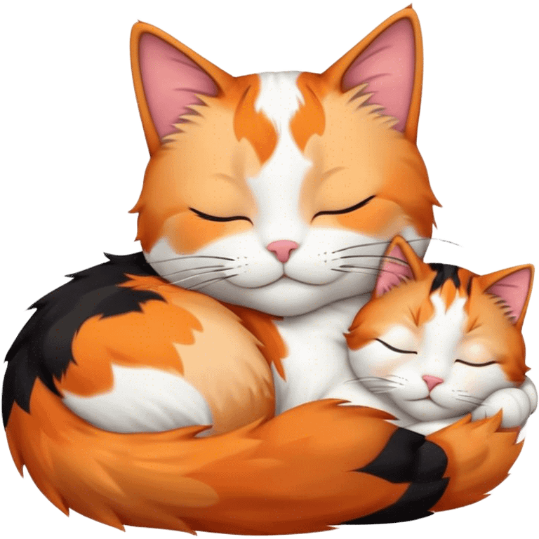 Meme-Worthy Cute Sleeping Calico Cat Portrait Emoji, Head resting peacefully with a content, gentle smile and softly closed eyes, featuring a delicate patchwork fur in vibrant orange, black, and white hues, simplified yet irresistibly endearing, highly detailed, glowing with a soft, drowsy radiance, high shine, exuding relaxed and utterly lovable charm, styled with a gentle, soft glowing outline, capturing the essence of a sleeping calico cat that appears destined to become a viral icon of adorable rest! emoji