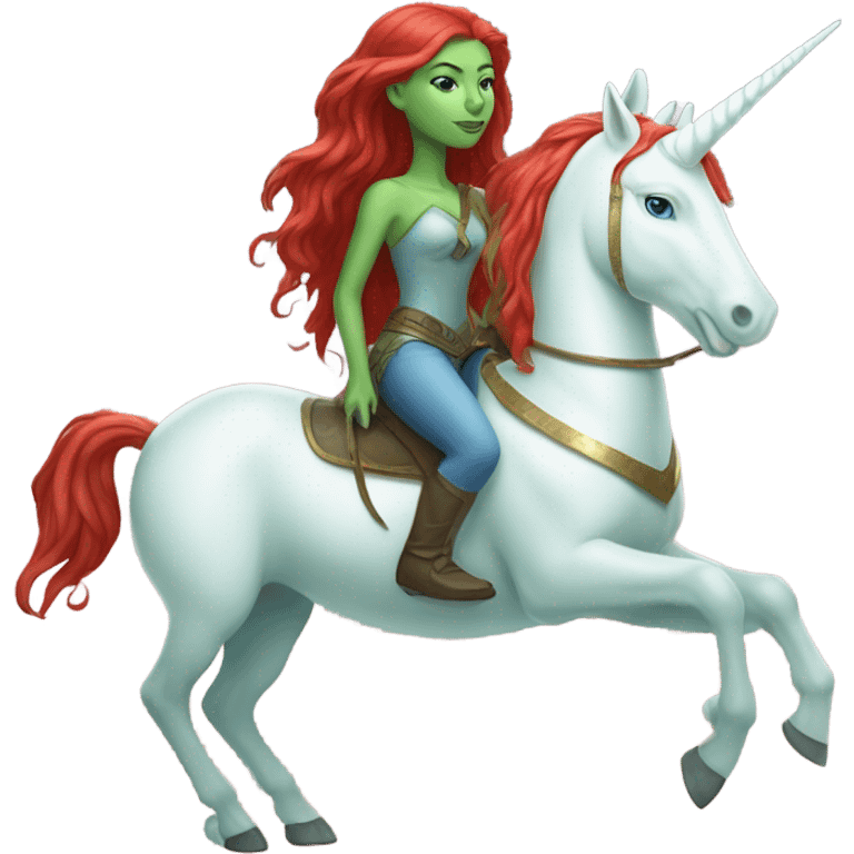 [(a light green Amazon alien woman with red hair with blue eyes) on a (four-legged white unicorn)] emoji