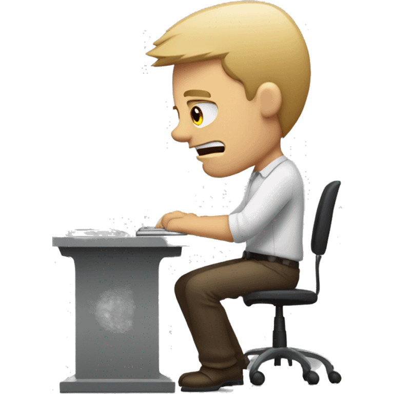 white man sitting at desk, working at computer looking frustrated emoji