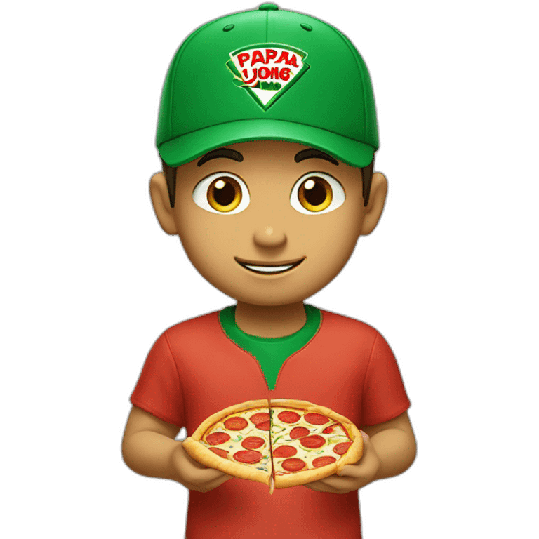 boy eating pizza slide with a green cap with PAPA JOHNS emoji