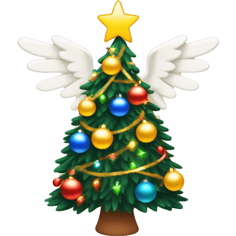 Warm toned Christmas tree with primary coloured Christmas lights around the tree, tinsel around the tree, and an angel on top of the tree emoji