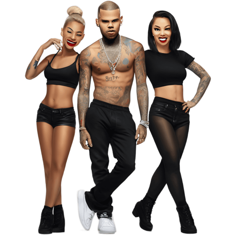 Hyper Realistic Chris Brown on stage with 2 female tattooed dancers emoji