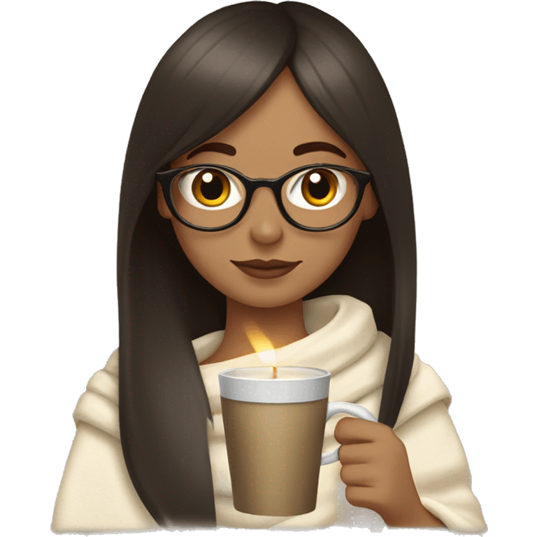 Brunette with straight hair and bangs wearing clear classes and drinking coffee with a book and candle nearby while wrapped in an ivory blanket  emoji