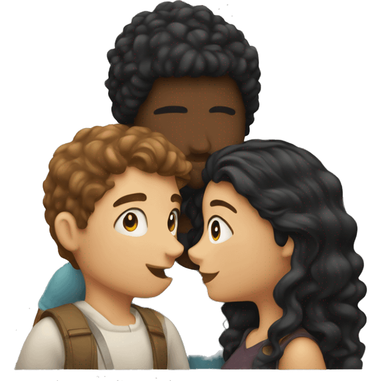 a couple giving a kiss, the girl has black long hair and the boy has curly brown hair emoji