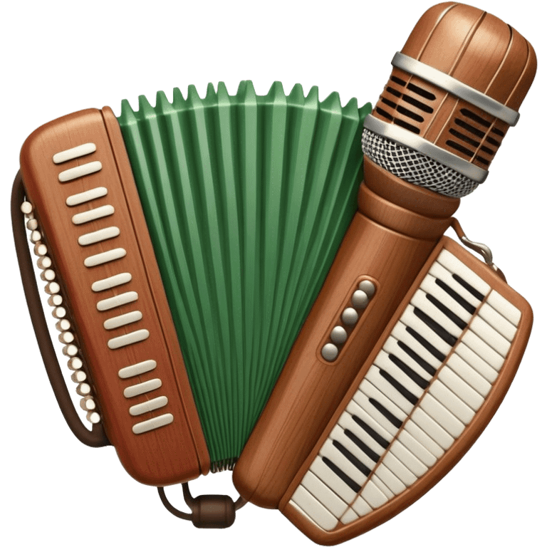 Create a warm and inviting humanless emoji representing folk singing. The design should feature a traditional microphone, perhaps with a wooden texture, symbolizing the rustic and authentic feel of folk music. Surround the microphone with subtle elements such as a hand-played tambourine, an accordion, or a balalaika to reflect the folk instruments. Add flowing musical notes to symbolize the vocal melodies. Use earthy, natural colors like browns, reds, and greens to evoke a sense of tradition, warmth, and connection to the community. The background should be transparent. emoji