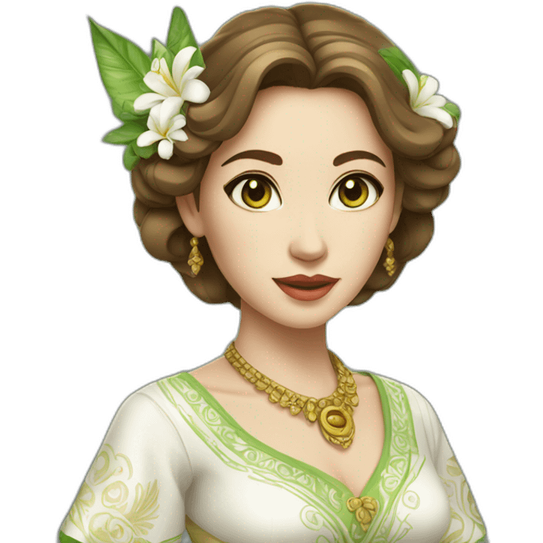 woman in traditional white balinese dress, but white skin and green eyes, brown hair emoji