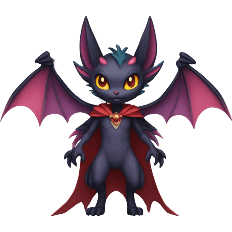  Anthro Kawaii Edgy Cool Vampiric Demonic Beautiful Noivern-Nargacuga-Litten with big Bat Ears and wearing a cape full body emoji