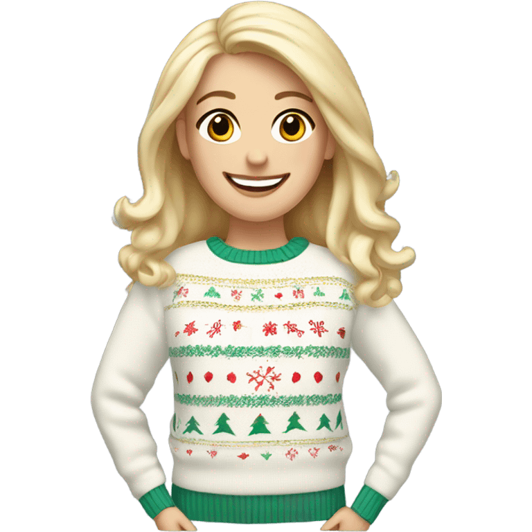 Happy white woman with blonde hair and white christmas jumper  emoji