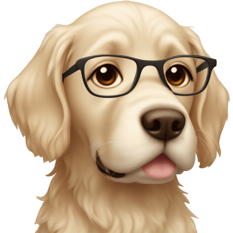 Smiling girl with long dark wavy brown hair and red glasses next to a shaggy beige Labrador puppy emoji