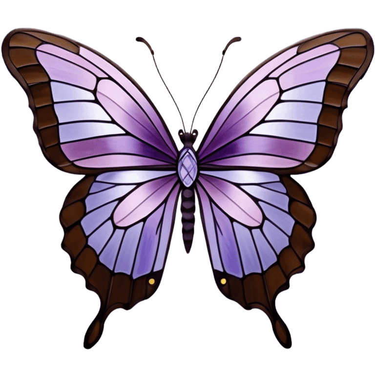 a stunningly detailed butterfly with lilac and ice-purple wings, adorned with an elegant mosaic-like pattern resembling stained glass. The wings should display a harmonious blend of swirling and geometric designs, giving them a mystical and artistic feel. The butterfly should have a graceful, elongated body with a subtle metallic sheen, enhancing its enchanting presence. emoji