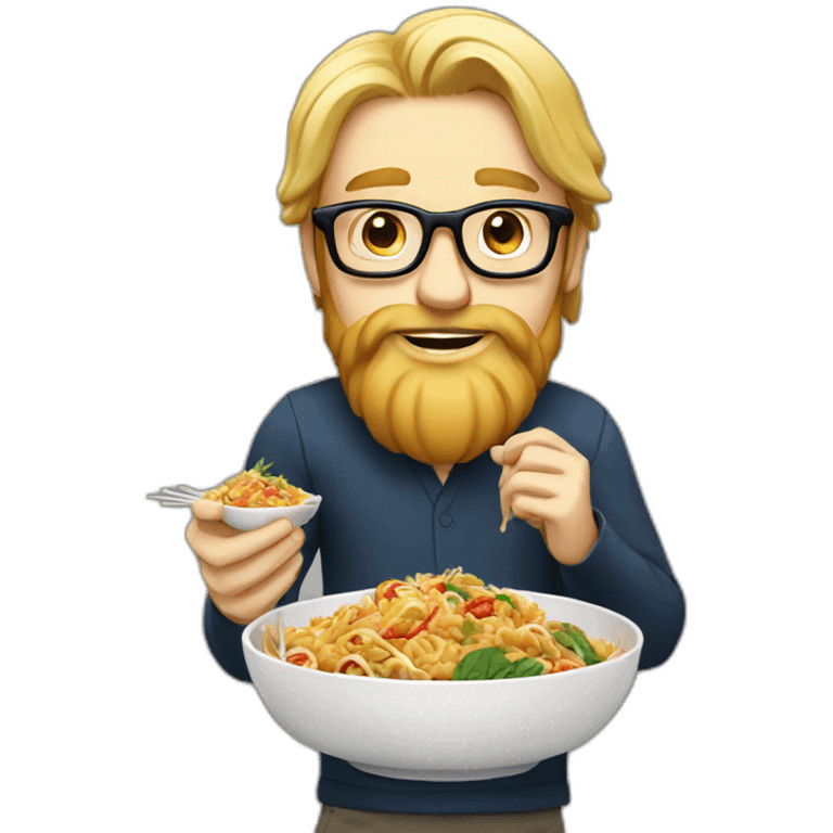 Tall long haired blonde man with beard and glasses eating thai food emoji