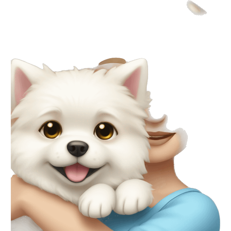 Blond girl white skin blue eyes hugging white Pomeranian with light pink bow emoji