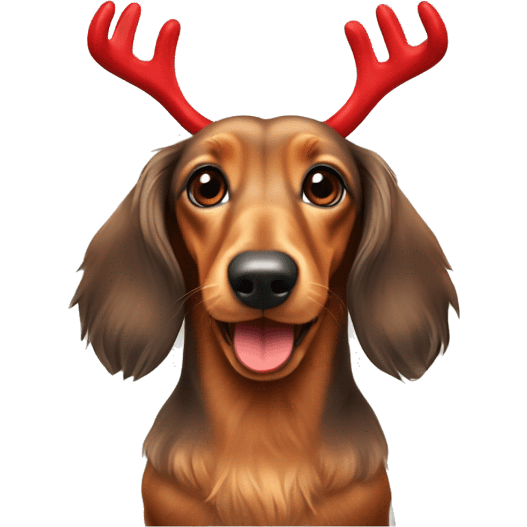 Mini long haired tan dachshund with antlers and red nose  emoji