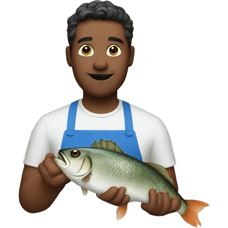 guy in a blue apron holding a fish emoji