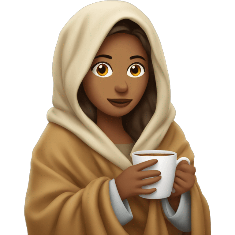 Woman snuggled in a blanket with a coffee emoji