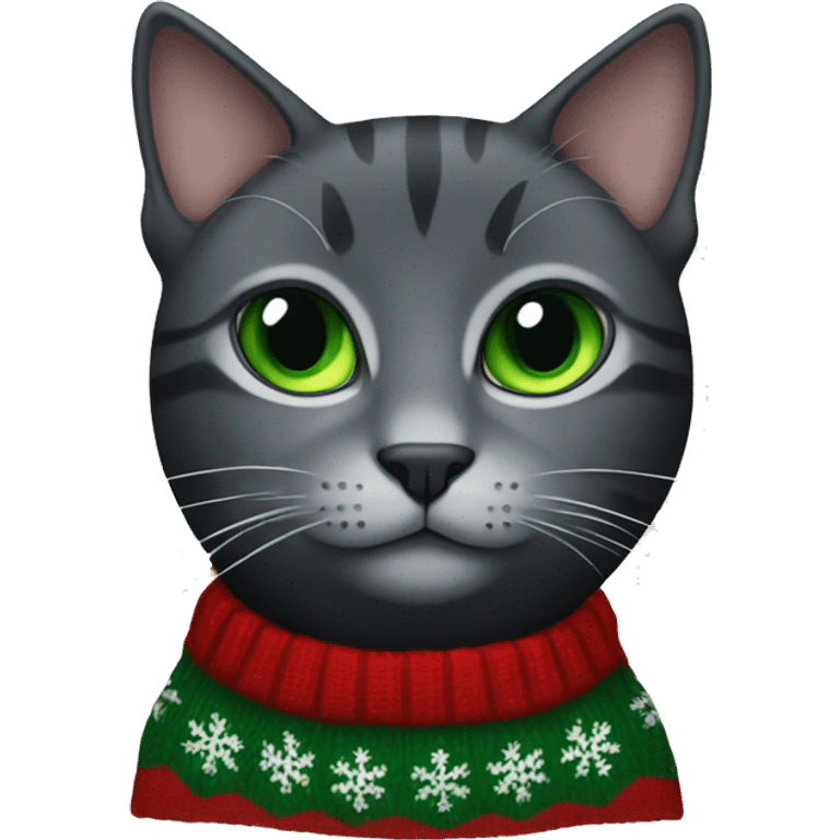 Black and grey Cat with green eyes and Christmas sweater emoji