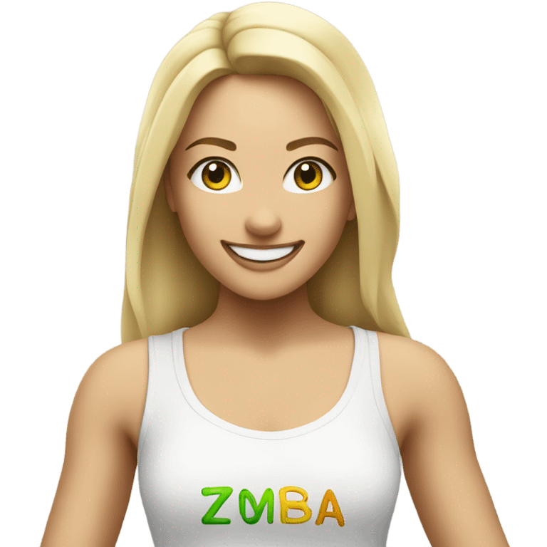 Blond smiling and dancing girl with Zumba logo on white t-shirt emoji