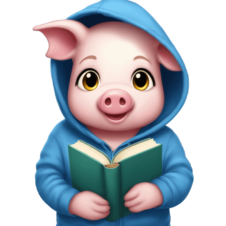 Cute girly pig sprite wearing a blue hoodie with books on it, reading the book “Little Women”. emoji