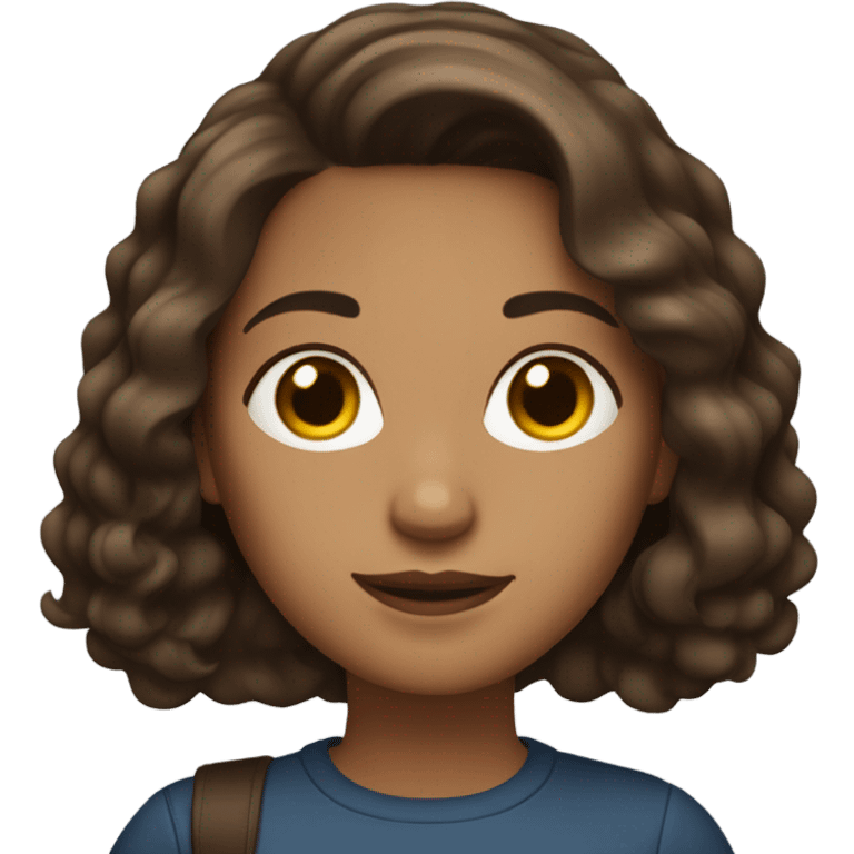 woman light brown skin shoulder length dark brown wavy hair with laptop, dark brown eyes emoji