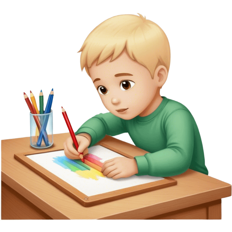 little boy drawing with pencils on white paper and wooden board emoji