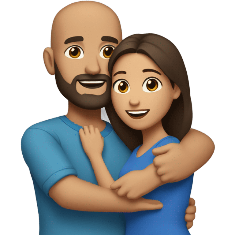 Comforting hug from brunette Puerto Rican with dark brown eyes wearing a cute blue top to short, bald man with brown eyes and a beard wearing a brown sweater emoji