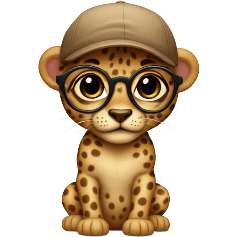 baby cheeta in a brown backward cap, brown-lens glasses emoji