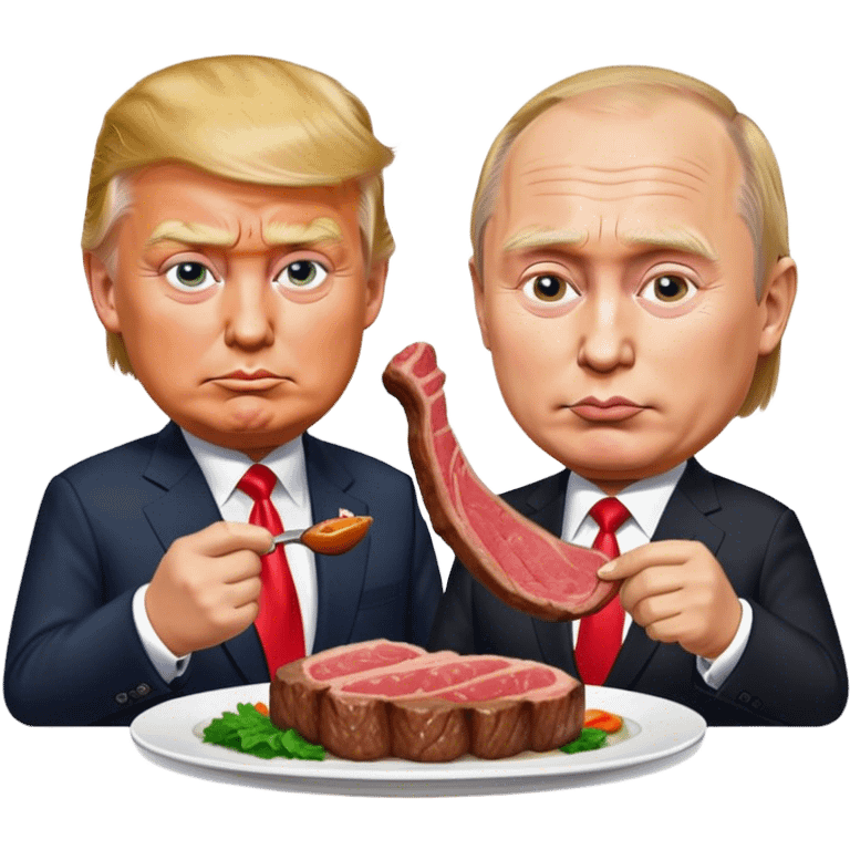 photorealistic Donald Trump and Putin eating a steak shaped like an piece of landemoji emoji