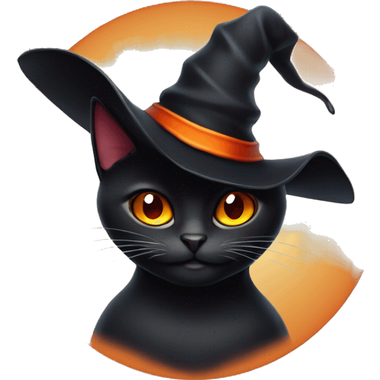 black cat with orange eyes and a black and red witch’s hat emoji