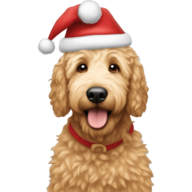 Golden doodle wearing a Santa hat emoji