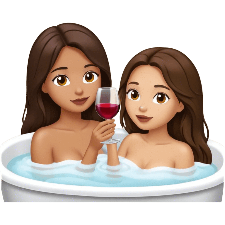 Tan brunette with long hair in a bath drinking wine emoji