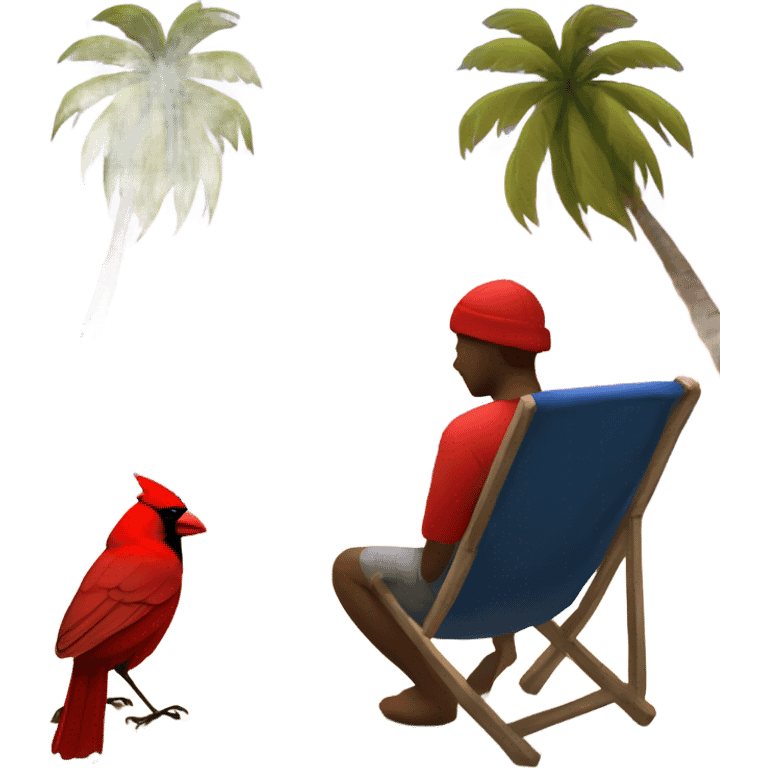 Create a picture of a person and a cardinal that are sad from grief sitting on beach with palm trees during a sunset emoji