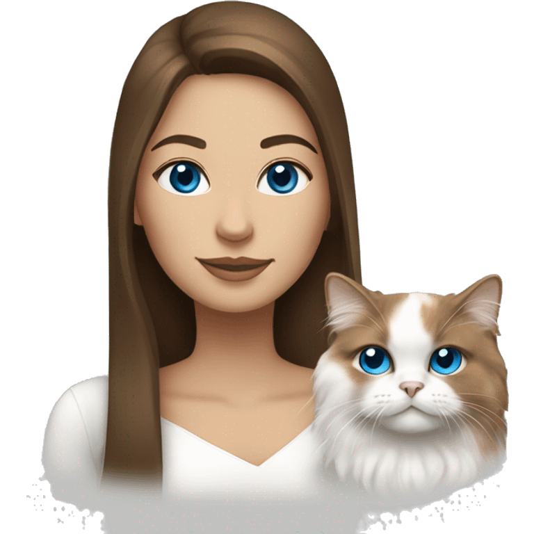 woman with long brown hair and holding an all-white persian cat with blue eyes emoji