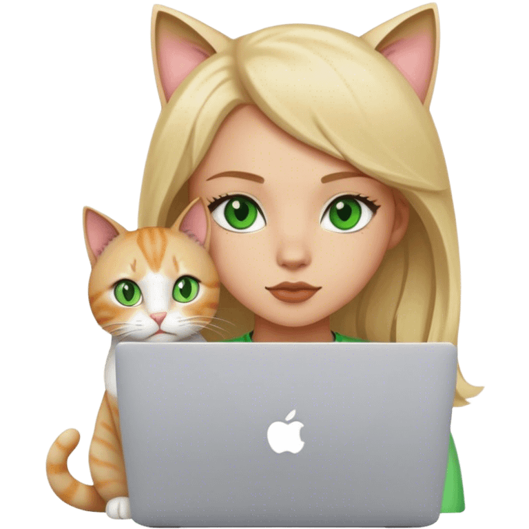 Blonde girl green eyes with apple MacBook and a cat emoji