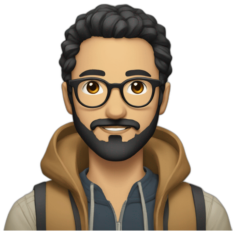 Arabic man, very short black hair, round hipster glasses, dark beard and mustache, round-ish face, brown eyes, beautiful smile, beautiful clothes inspired by neo tokyo emoji